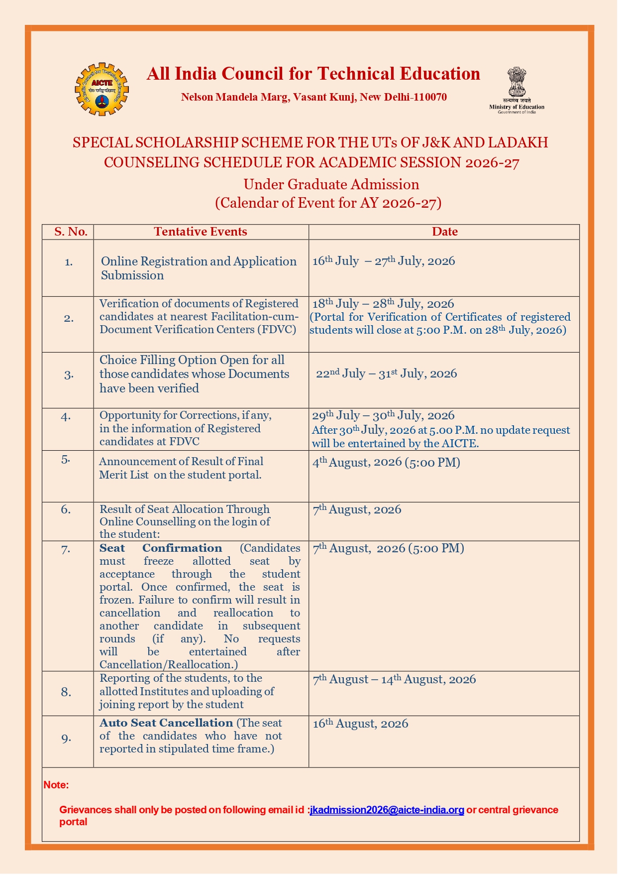 'SPECIAL SCHOLARSHIP SCHEME FOR THE UTs OF J&K AND LADAKH COUNSELING SCHEDULE FOR ACADEMIC SESSION 2026-27 Under Graduate Admission (Calendar of Event for AY 2026-27)'
